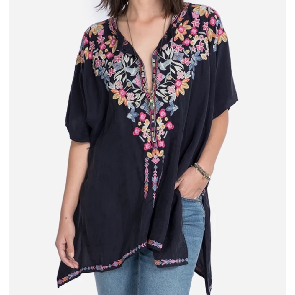 Johnny Was Navy Floral Embroidered Tunic